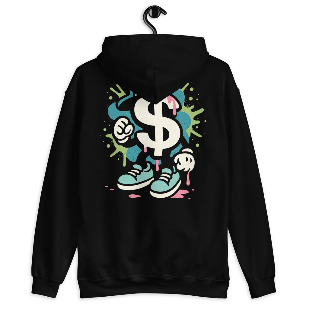 Sudadera Dólar negra con diseño gráfico de billetes y capucha de doble forro, estilo urbano y cómoda.