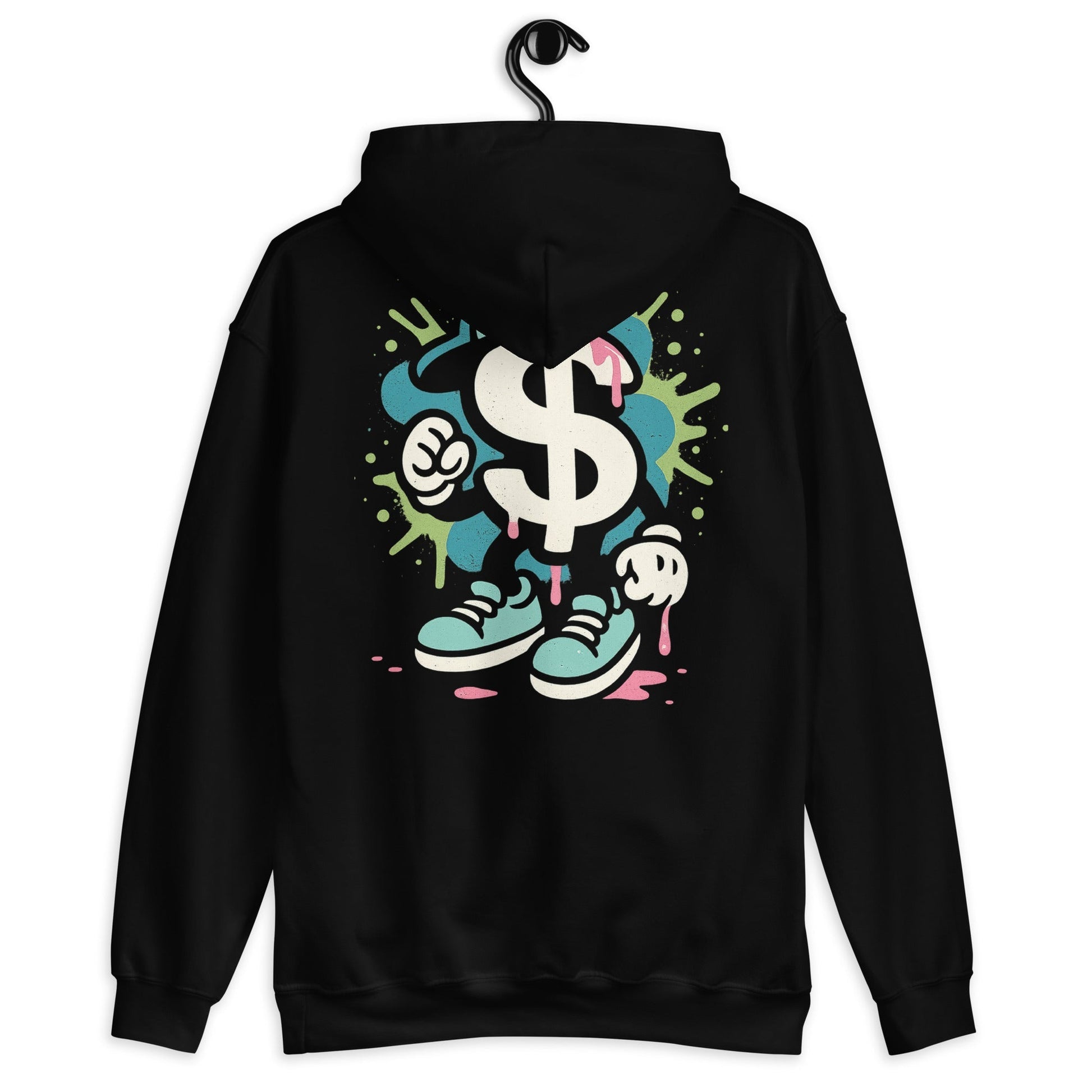 Sudadera Dólar negra con diseño gráfico de billetes y capucha de doble forro, estilo urbano y cómoda.