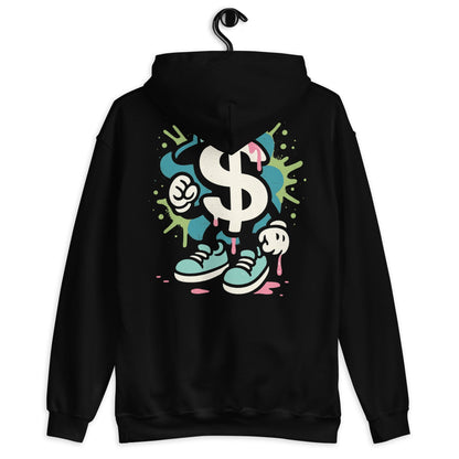 Sudadera Dólar negra con diseño gráfico de billetes y capucha de doble forro, estilo urbano y cómoda.