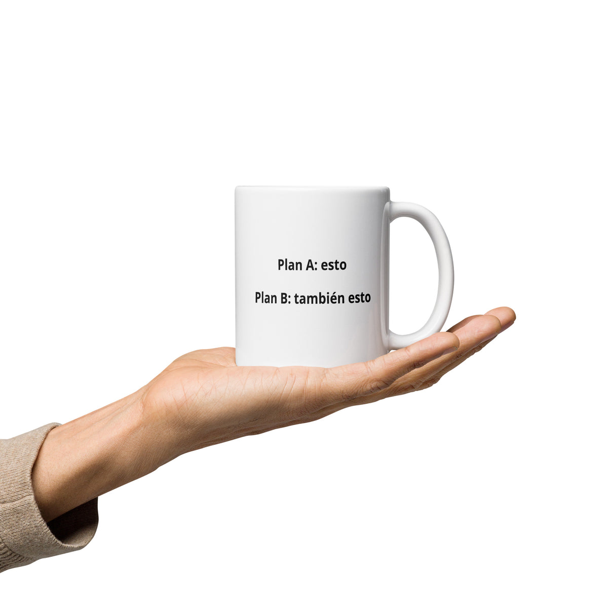 Taza blanca con la frase «Plan A: esto. Plan B: también esto.» – Lokokom (vista 1)